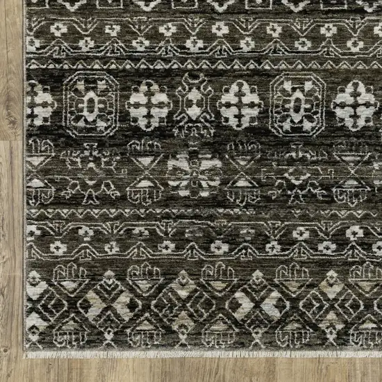 8' Black And Gray Tribal Runner Rug With Fringe Photo 4