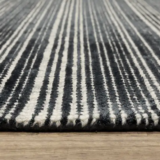 8' Black And Ivory Striped Hand Tufted Runner Rug Photo 5