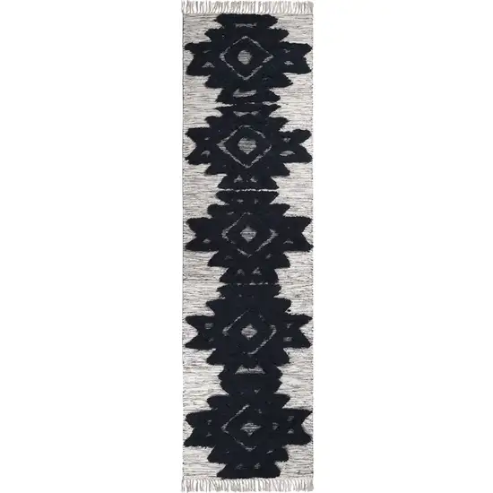 10' Black And Ivory Wool Geometric Flatweave Handmade Stain Resistant Runner Rug With Fringe Photo 1