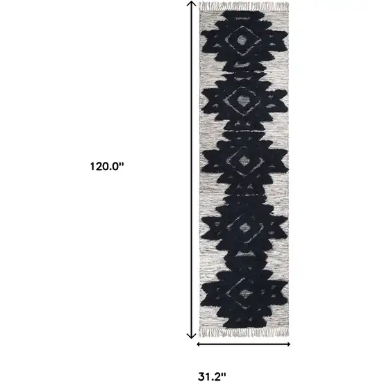 10' Black And Ivory Wool Geometric Flatweave Handmade Stain Resistant Runner Rug With Fringe Photo 7