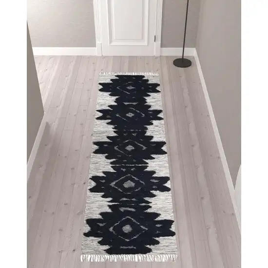 10' Black And Ivory Wool Geometric Flatweave Handmade Stain Resistant Runner Rug With Fringe Photo 2