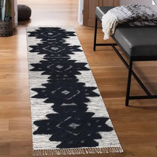 10' Black And Ivory Wool Geometric Flatweave Handmade Stain Resistant Runner Rug With Fringe Photo 5