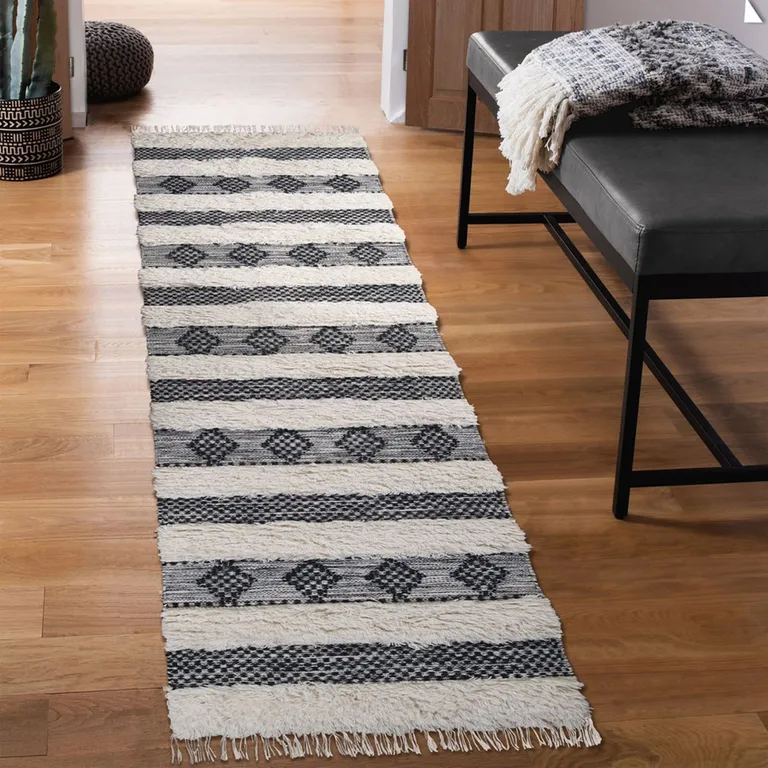 10' Black And Ivory Wool Striped Flatweave Handmade Stain Resistant Runner Rug With Fringe Photo 4