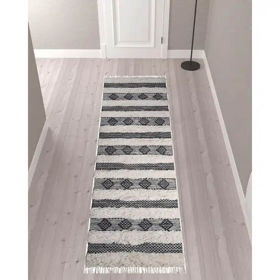 10' Black And Ivory Wool Striped Flatweave Handmade Stain Resistant Runner Rug With Fringe Photo 2