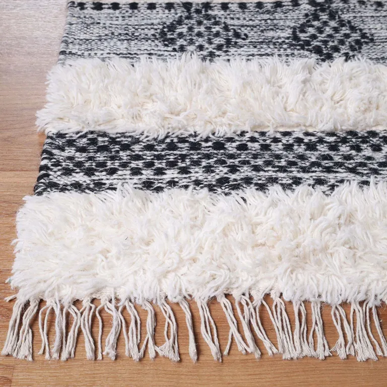 10' Black And Ivory Wool Striped Flatweave Handmade Stain Resistant Runner Rug With Fringe Photo 3