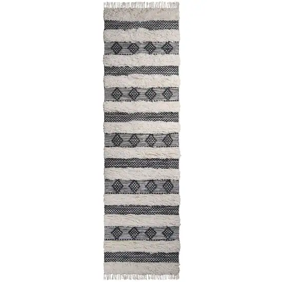 10' Black And Ivory Wool Striped Flatweave Handmade Stain Resistant Runner Rug With Fringe Photo 1