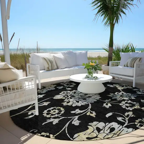 8' Black Artichoke Green And Silver Round Floral Washable Indoor Outdoor Area Rug Photo 6