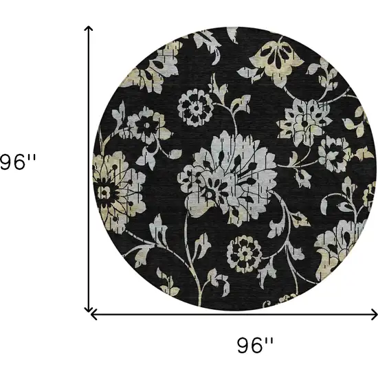 8' Black Artichoke Green And Silver Round Floral Washable Indoor Outdoor Area Rug Photo 3