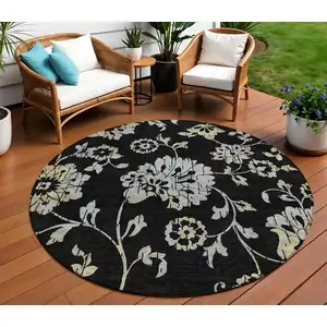 Photo of 8' Black Artichoke Green And Silver Round Floral Washable Indoor Outdoor Area Rug