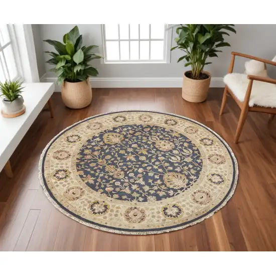 8' Black Brown and Gold Wool Oriental Hand Knotted Round Rug Photo 1