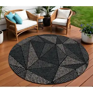 Photo of 8' Black Charcoal And Gray Round Geometric Washable Indoor Outdoor Area Rug