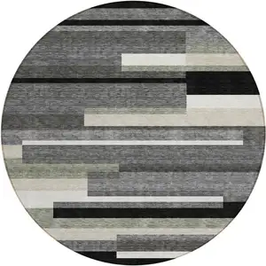 Photo of 8' Black Charcoal And Gray Round Striped Washable Indoor Outdoor Area Rug