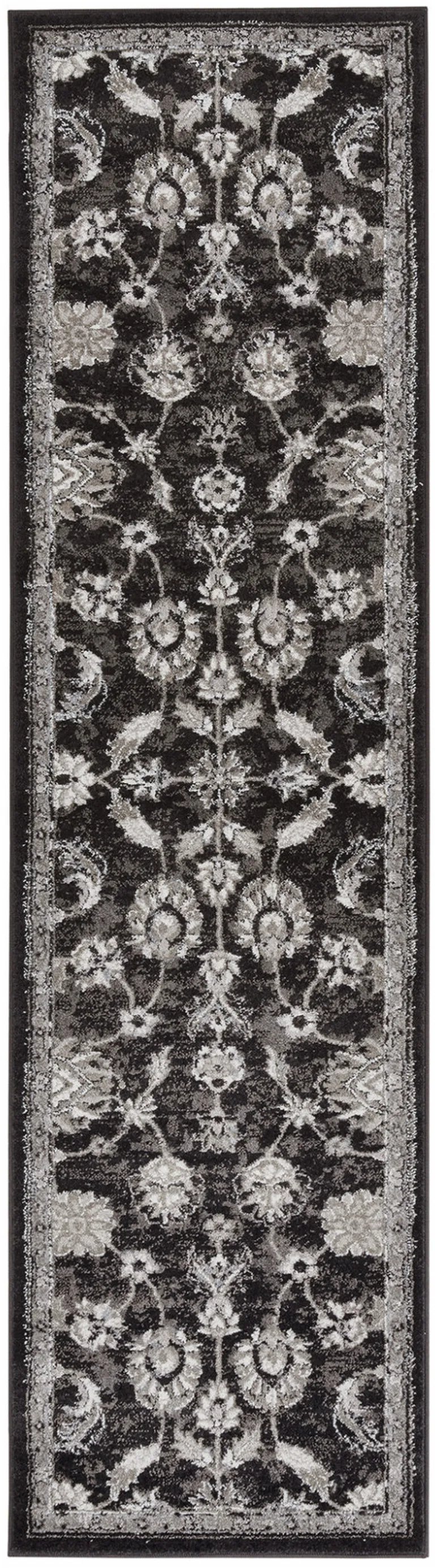 10' Black Floral Power Loom Runner Rug Photo 1