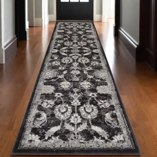 10' Ivory Black and Gray Floral Power Loom Runner Rug Photo 1