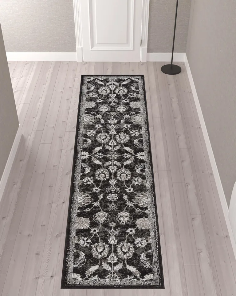 10' Black Floral Power Loom Runner Rug Photo 4