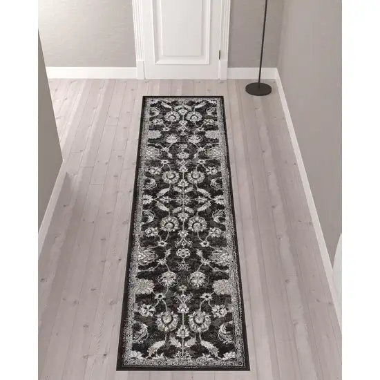 10' Black Floral Power Loom Runner Rug Photo 4