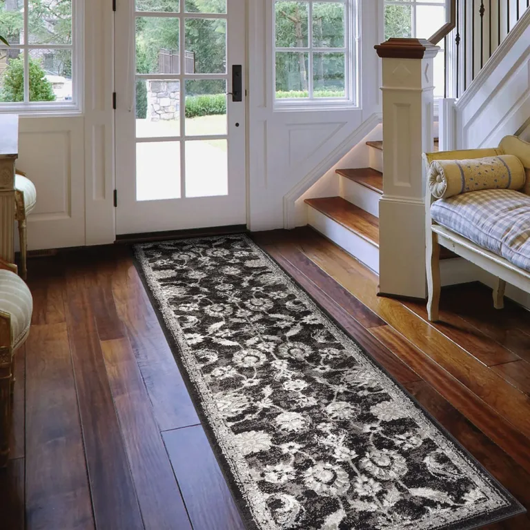 10' Black Floral Power Loom Runner Rug Photo 5