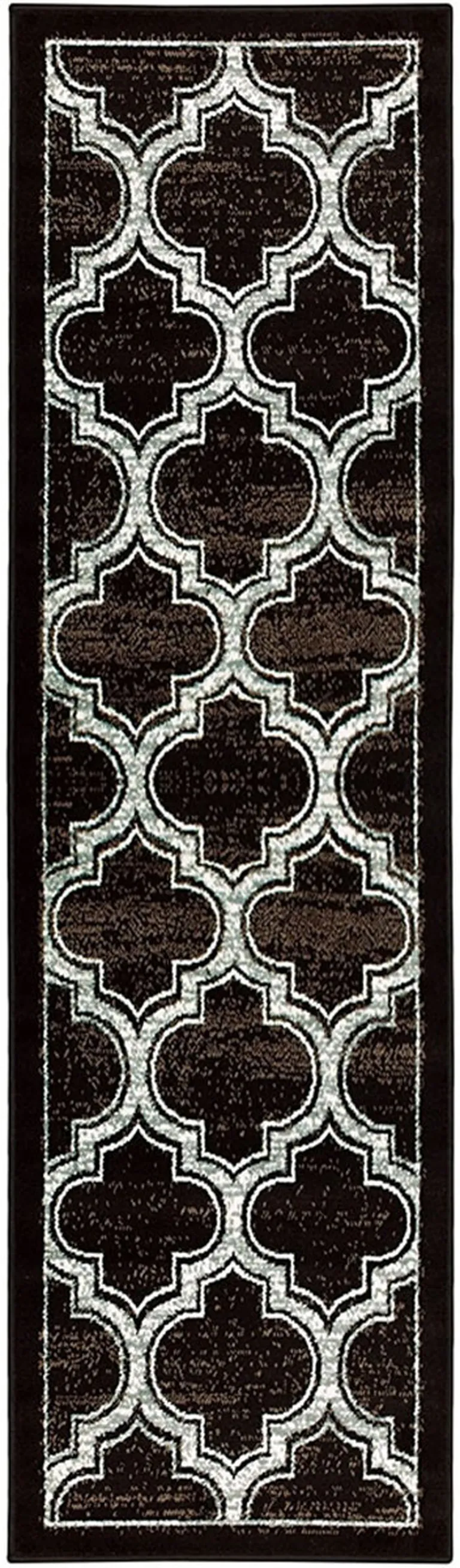 8' Black Geometric Stain Resistant Runner Rug Photo 1