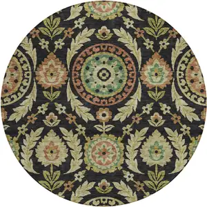 Photo of 8' Black Gold And Copper Round Floral Washable Indoor Outdoor Area Rug