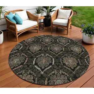 Photo of 8' Black Gray And Brown Round Medallion Washable Indoor Outdoor Area Rug