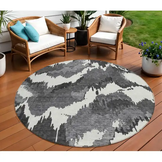 8' Black Gray And Charcoal Round Abstract Washable Indoor Outdoor Area Rug Photo 1