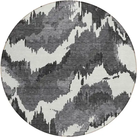 8' Black Gray And Charcoal Round Abstract Washable Indoor Outdoor Area Rug Photo 2