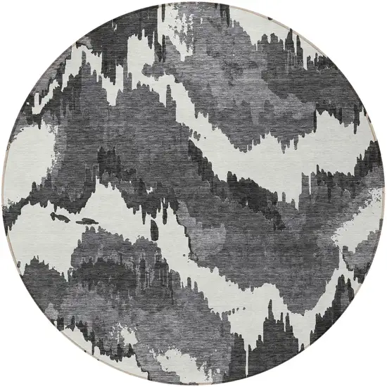 8' Black Gray And Charcoal Round Abstract Washable Indoor Outdoor Area Rug Photo 6