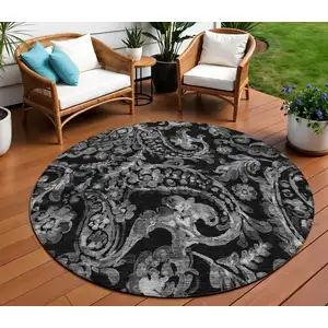 Photo of 8' Black Gray And Charcoal Round Paisley Washable Indoor Outdoor Area Rug