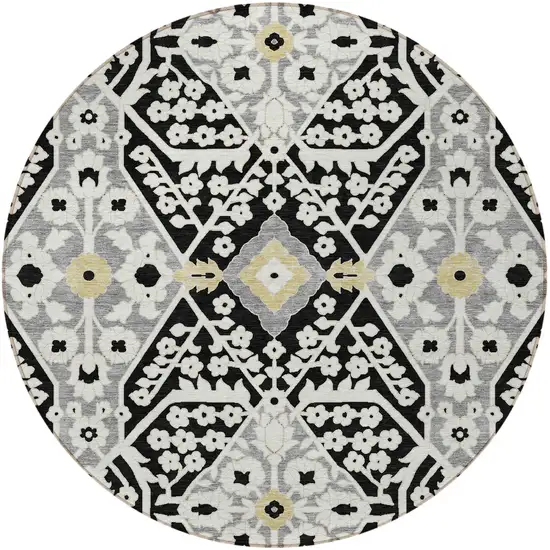 8' Black Gray And Gold Round Floral Washable Indoor Outdoor Area Rug Photo 8