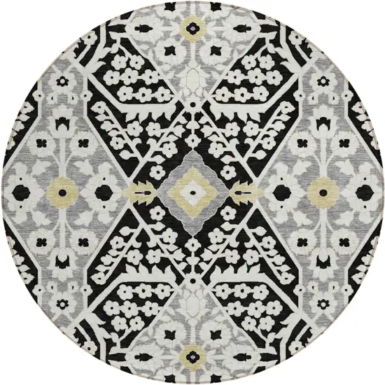 8' Black Gray And Gold Round Floral Washable Indoor Outdoor Area Rug Photo 2