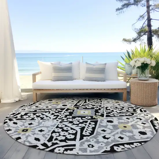 8' Black Gray And Gold Round Floral Washable Indoor Outdoor Area Rug Photo 9