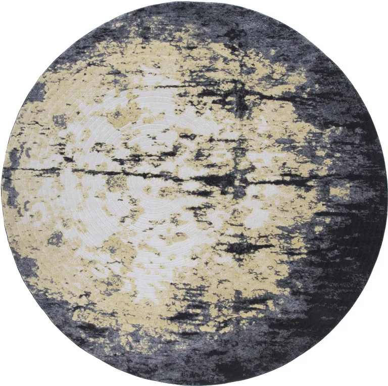 8' Black Gray And Gold Round Geometric Stain Resistant Area Rug Photo 1