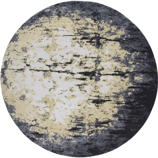 8' Black Gray And Gold Round Geometric Stain Resistant Area Rug Photo 1