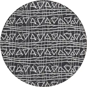 Photo of 8' Black Gray And Ivory Round Geometric Washable Indoor Outdoor Area Rug