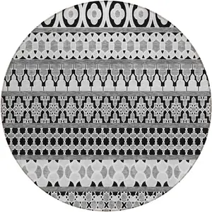 Photo of 8' Black Gray And Ivory Round Quatrefoil Washable Indoor Outdoor Area Rug