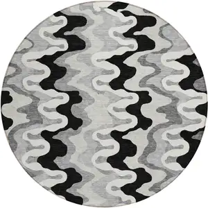 Photo of 8' Black Gray And Silver Round Abstract Washable Indoor Outdoor Area Rug