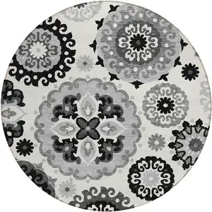 Photo of 8' Black Gray And Silver Round Floral Medallion Washable Indoor Outdoor Area Rug