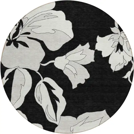 8' Black Gray And Silver Round Floral Washable Indoor Outdoor Area Rug Photo 2