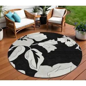 Photo of 8' Black Gray And Silver Round Floral Washable Indoor Outdoor Area Rug