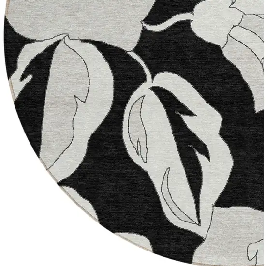 8' Black Gray And Silver Round Floral Washable Indoor Outdoor Area Rug Photo 6