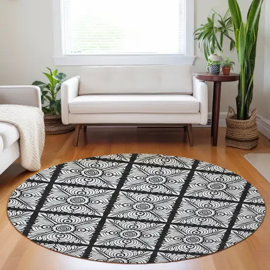 8' Black Ivory And Gray Round Medallion Washable Indoor Outdoor Area Rug Photo 8