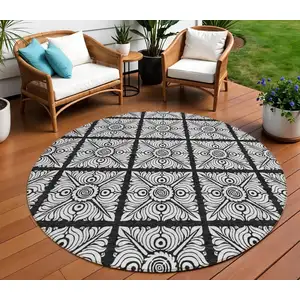 Photo of 8' Black Ivory And Gray Round Medallion Washable Indoor Outdoor Area Rug