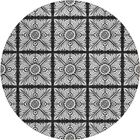 8' Black Ivory And Gray Round Medallion Washable Indoor Outdoor Area Rug Photo 2