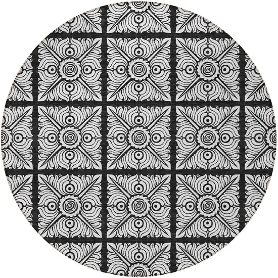 8' Black Ivory And Gray Round Medallion Washable Indoor Outdoor Area Rug Photo 6