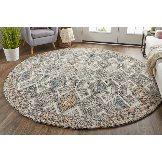 8' Black Ivory And Green Round Wool Geometric Tufted Handmade Distressed Area Rug Photo 4