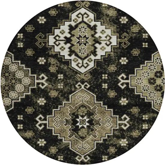 8' Black Ivory And Taupe Round Medallion Washable Indoor Outdoor Area Rug Photo 2