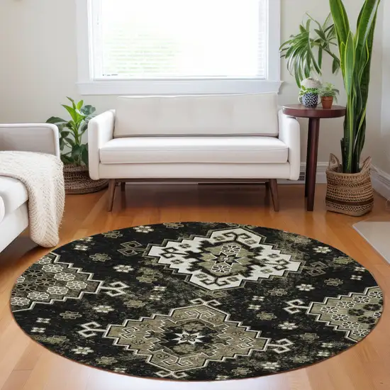 8' Black Ivory And Taupe Round Medallion Washable Indoor Outdoor Area Rug Photo 8