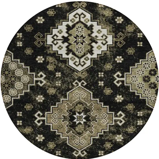 8' Black Ivory And Taupe Round Medallion Washable Indoor Outdoor Area Rug Photo 6