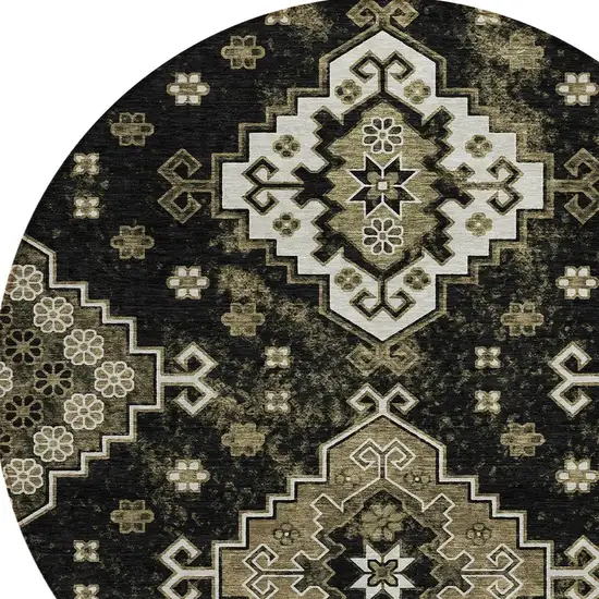 8' Black Ivory And Taupe Round Medallion Washable Indoor Outdoor Area Rug Photo 4