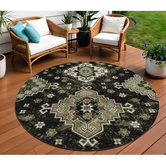 8' Black Ivory And Taupe Round Medallion Washable Indoor Outdoor Area Rug Photo 1